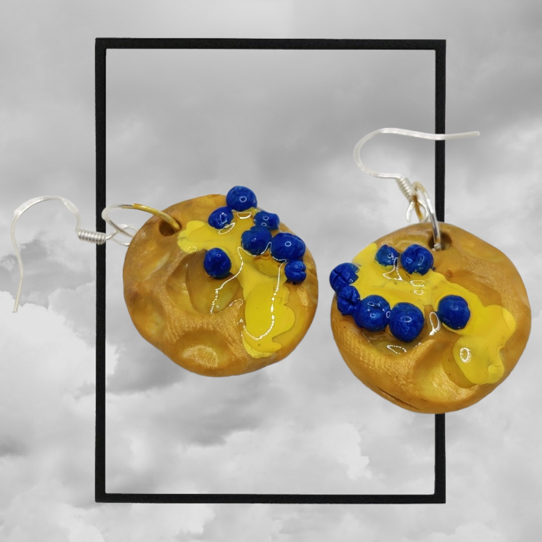 Fun topped American waffle polymer clay earrings - blueberry butter & syrup waffle