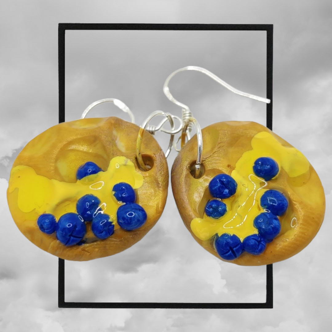 Fun topped American waffle polymer clay earrings - blueberry butter & syrup waffle