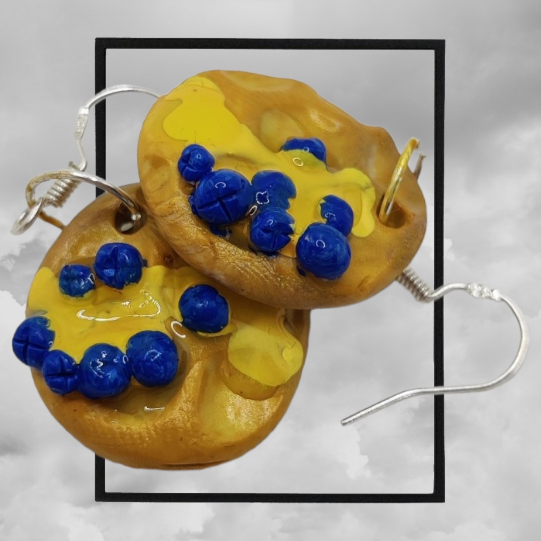 Fun topped American waffle polymer clay earrings - blueberry butter & syrup waffle
