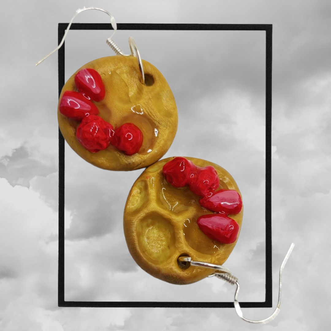 Fun topped American waffle polymer clay earrings - strawberry & syrup