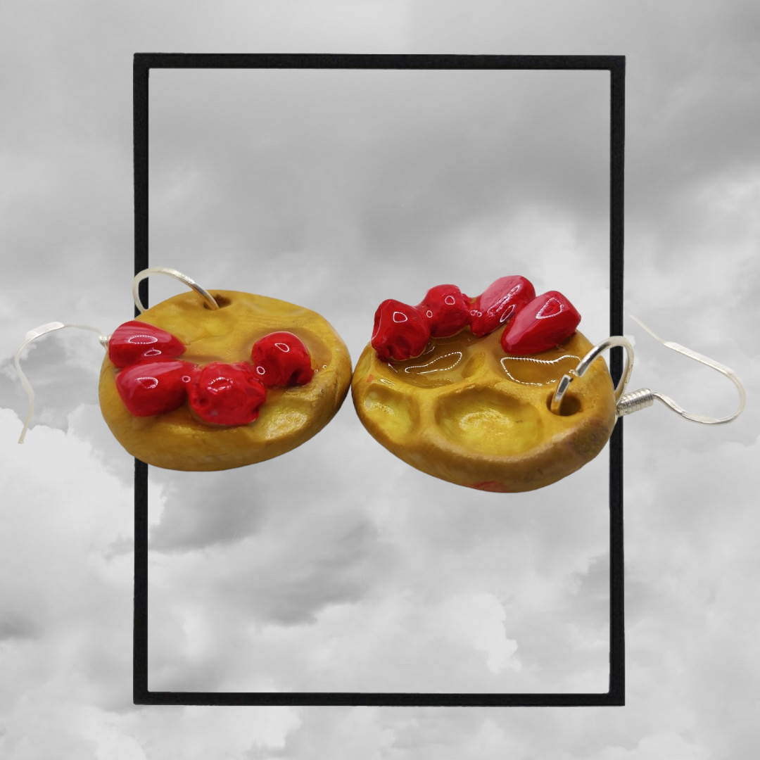 Fun topped American waffle polymer clay earrings - strawberry & syrup