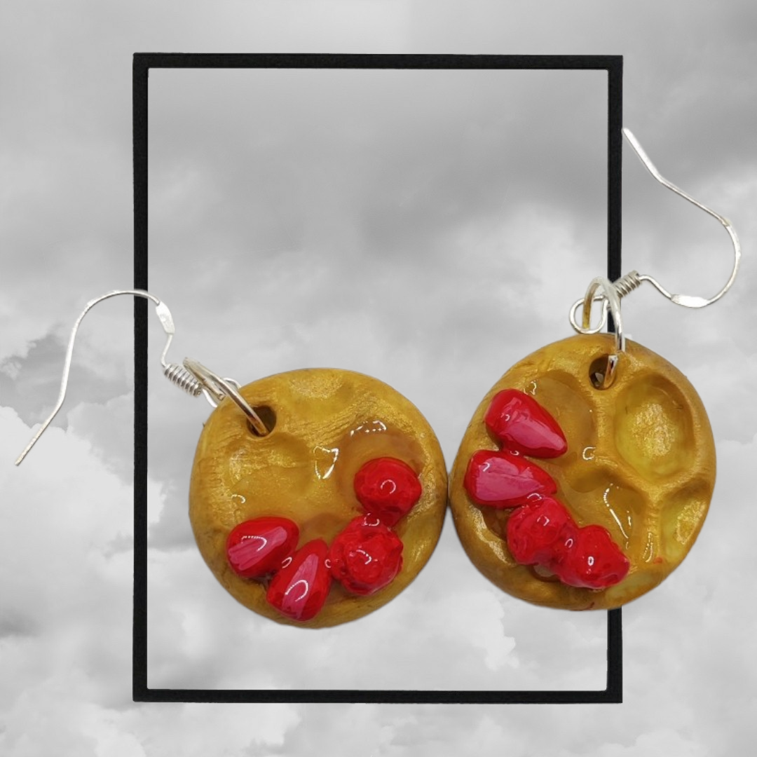 Fun topped American waffle polymer clay earrings - strawberry & syrup