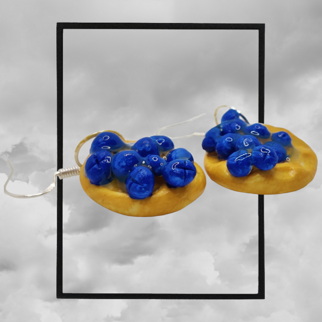 Fun topped American waffle polymer clay earrings - blueberries waffle