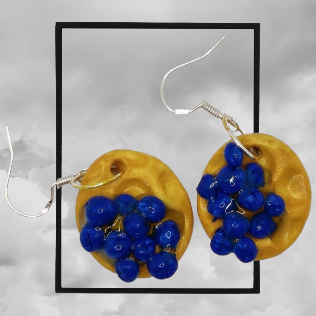 Fun topped American waffle polymer clay earrings - blueberries waffle