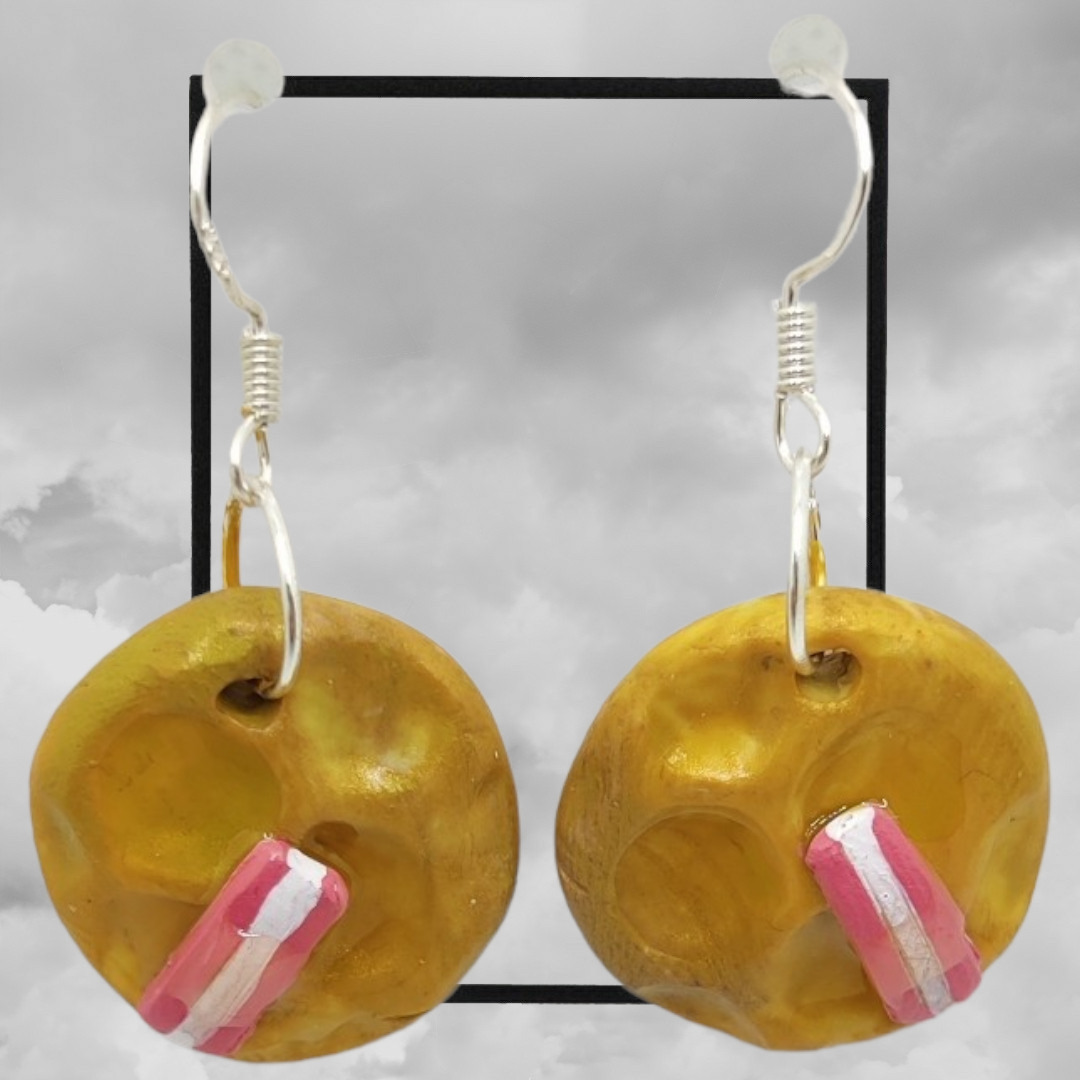 fun topped American waffle polymer clay earrings - bacon maple syrup waffle