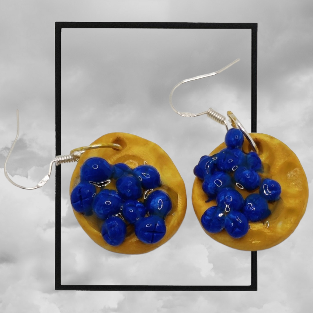 Fun topped American waffle polymer clay earrings - blueberries waffle