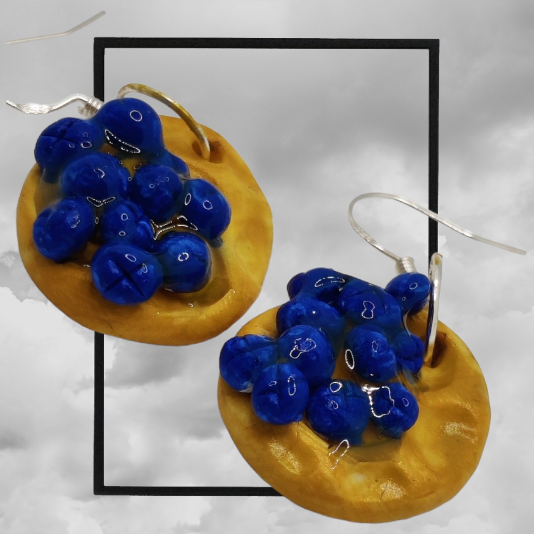 Fun topped American waffle polymer clay earrings - blueberries waffle