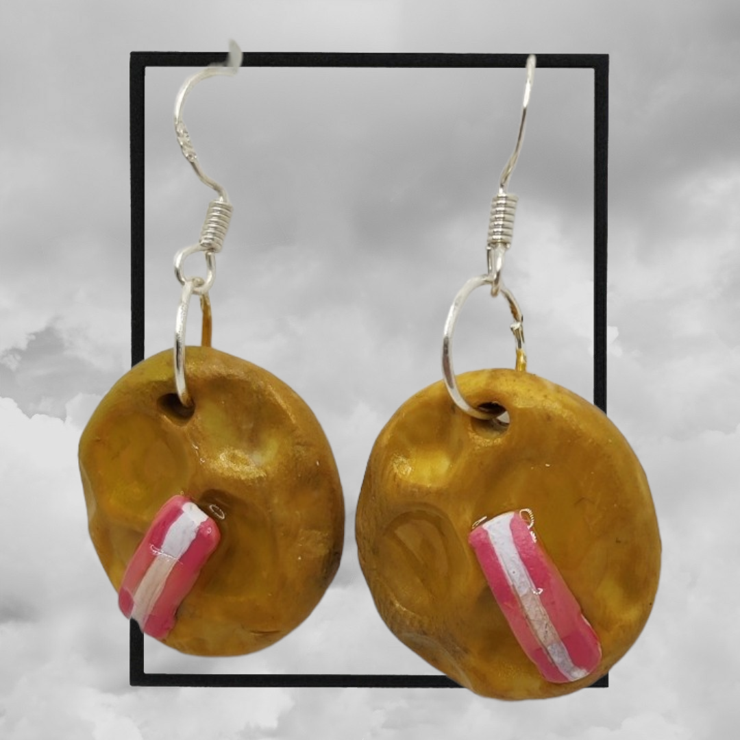 fun topped American waffle polymer clay earrings - bacon maple syrup waffle