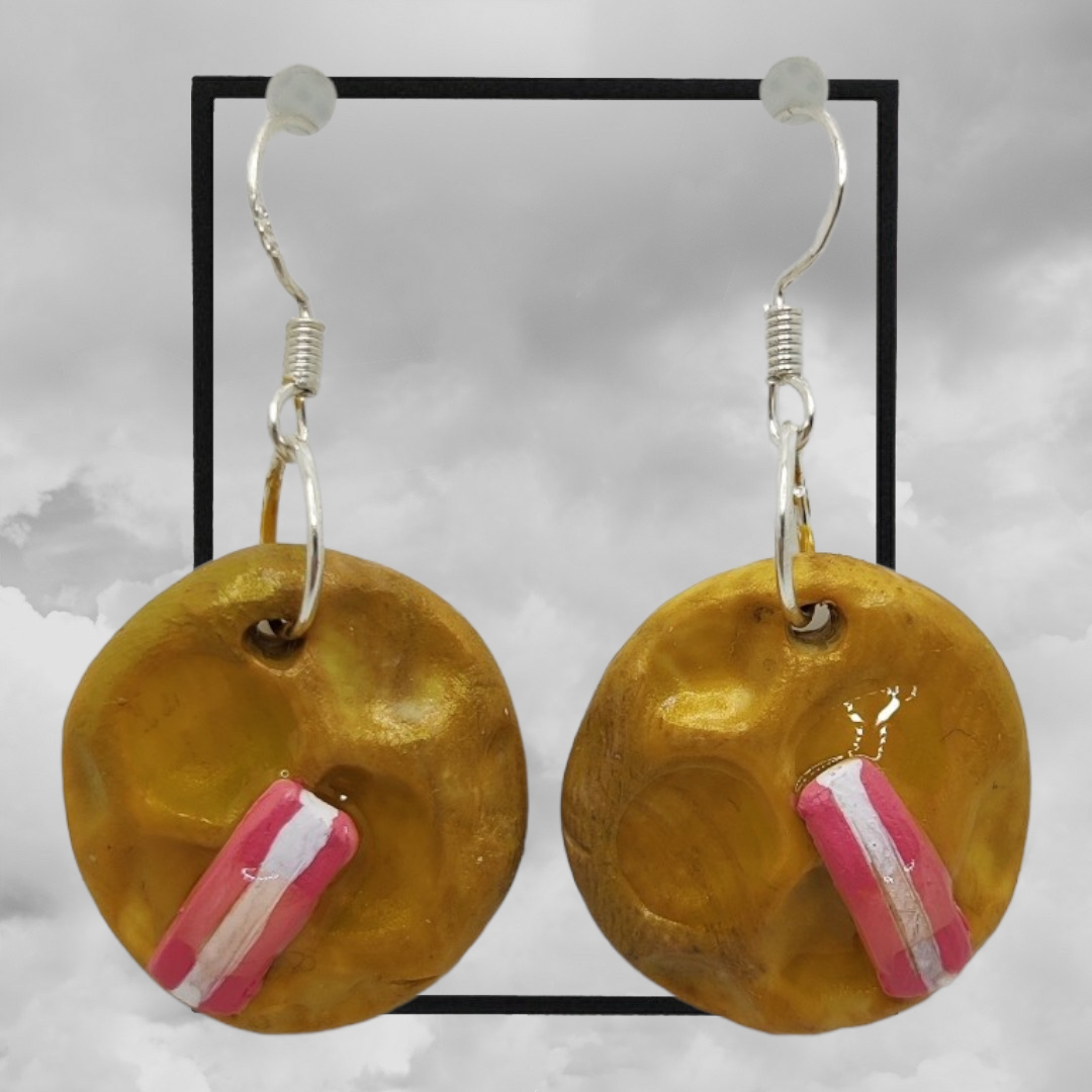 fun topped American waffle polymer clay earrings - bacon maple syrup waffle