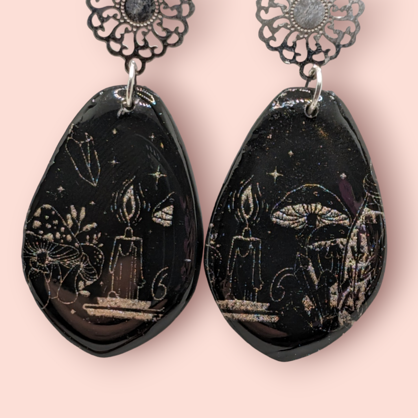 Gothic black flame candle, mushroom,crystal, spellbinding style earrings