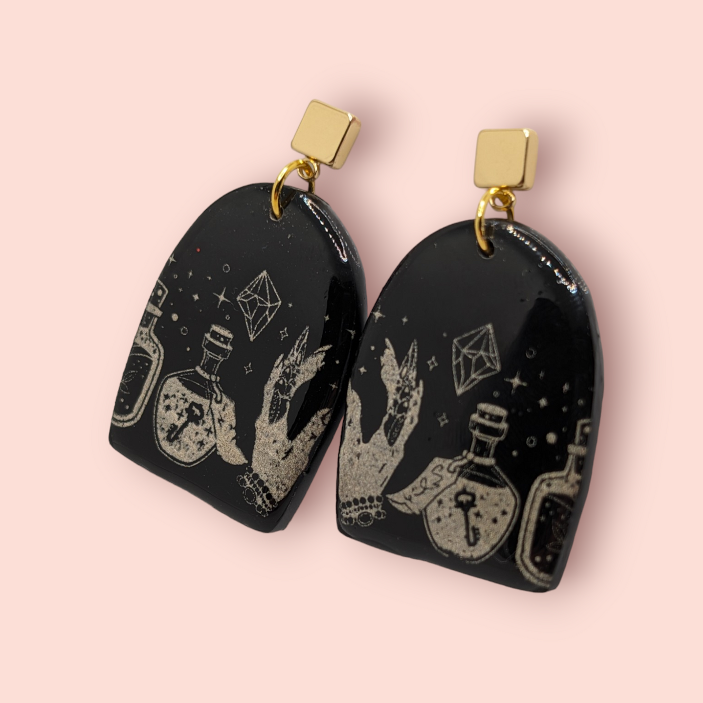 Gothic gold tarot hands crystal spellbinding style earrings