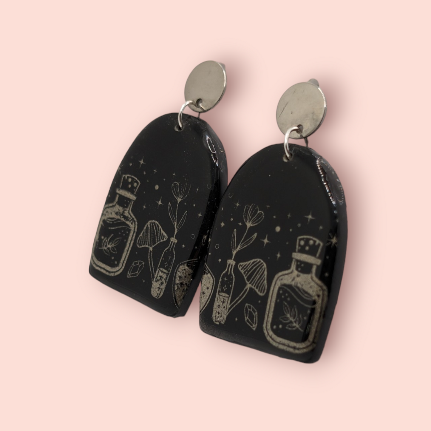 Gothic health potion mushroom,crystal, spellbinding style earrings