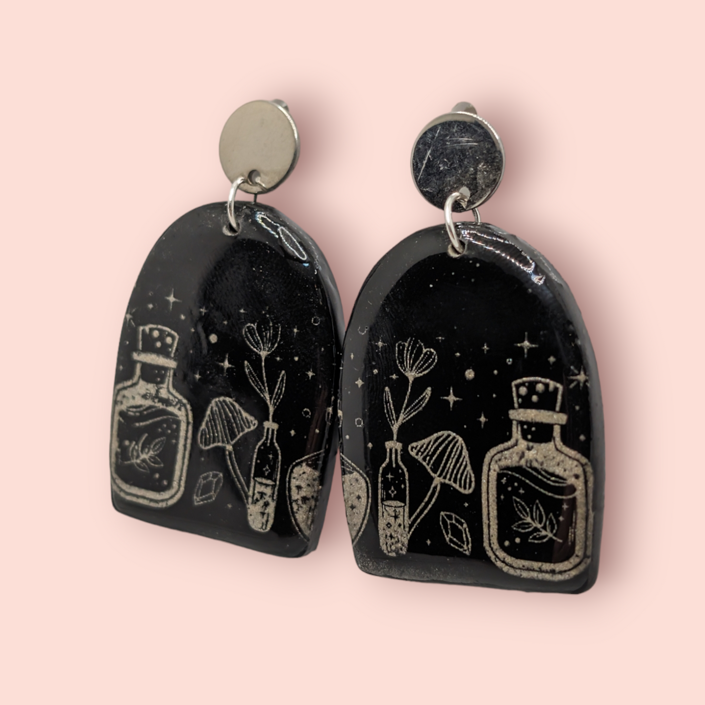 Gothic health potion mushroom,crystal, spellbinding style earrings