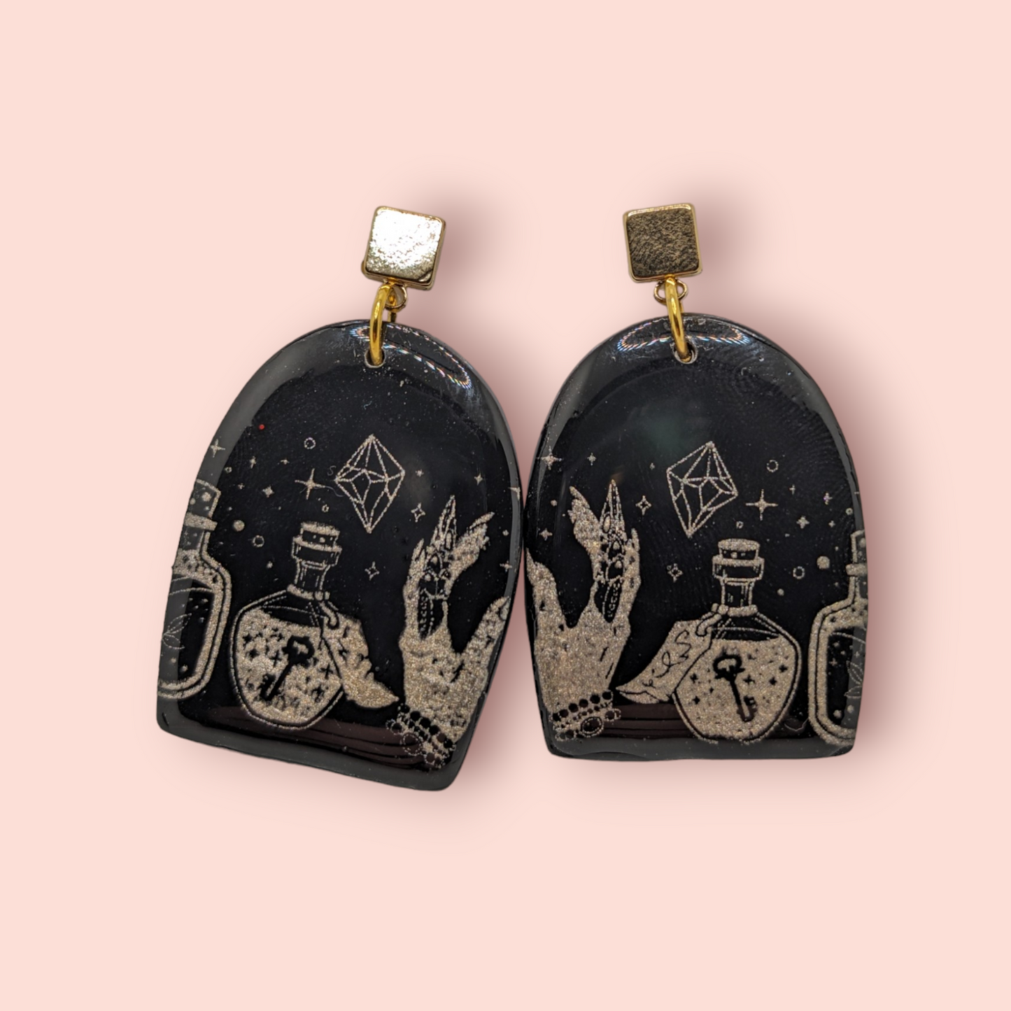 Gothic gold tarot hands crystal spellbinding style earrings