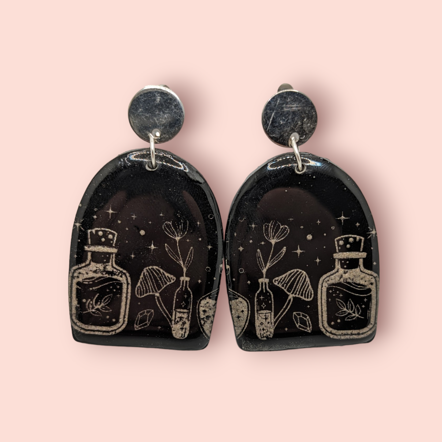 Gothic health potion mushroom,crystal, spellbinding style earrings