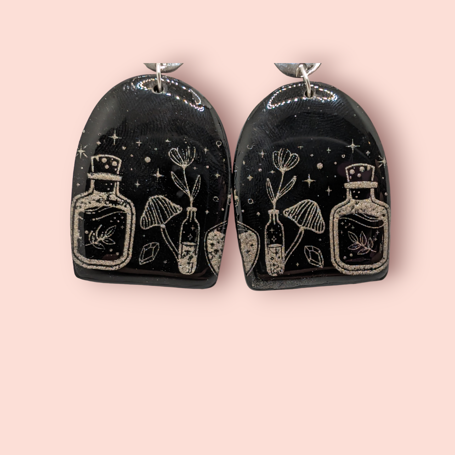 Gothic health potion mushroom,crystal, spellbinding style earrings