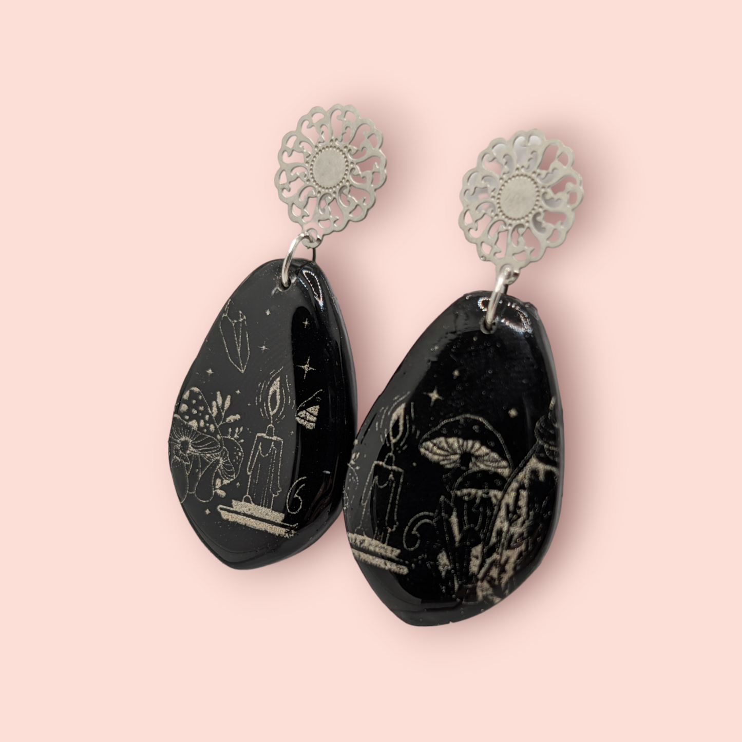 Gothic black flame candle, mushroom,crystal, spellbinding style earrings