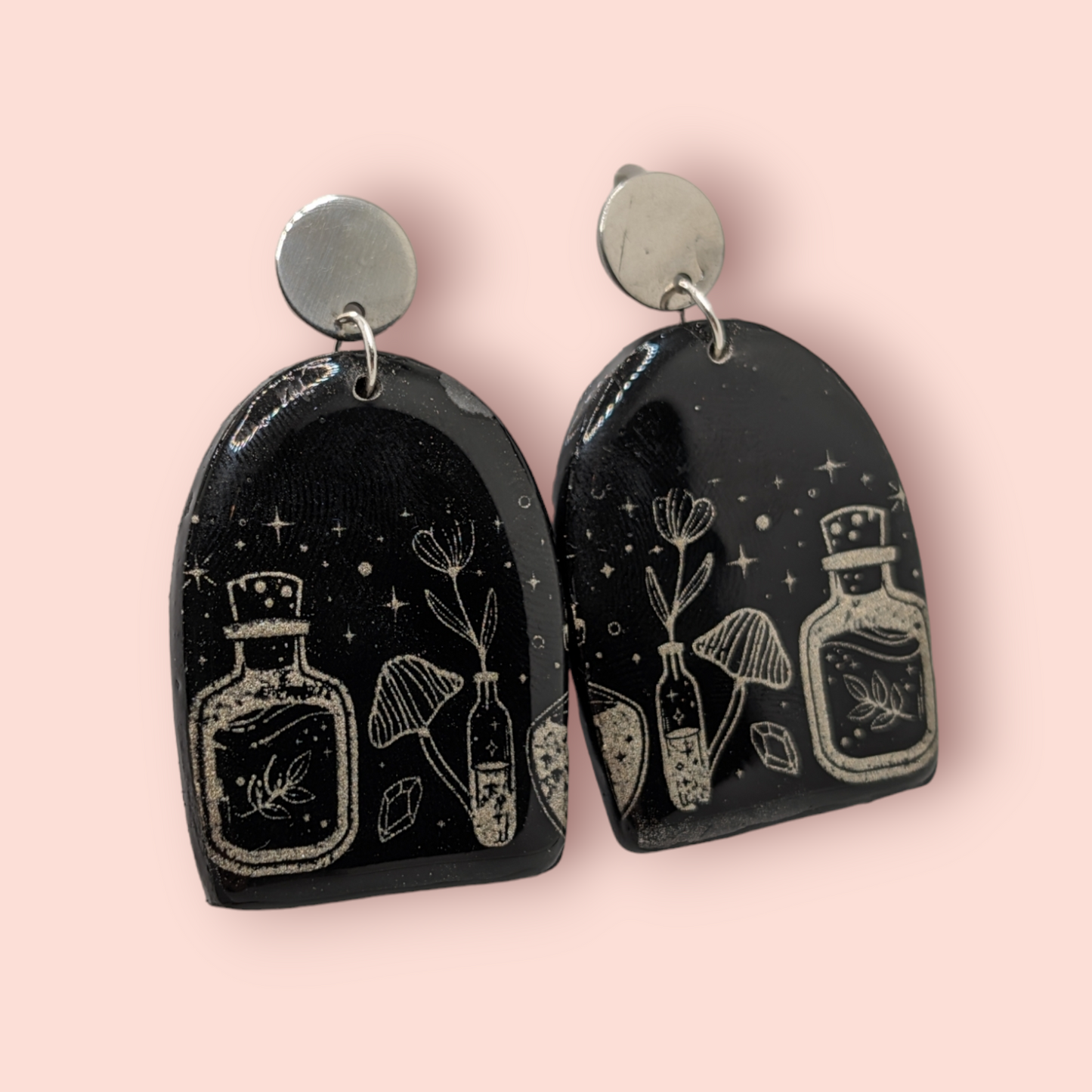 Gothic health potion mushroom,crystal, spellbinding style earrings