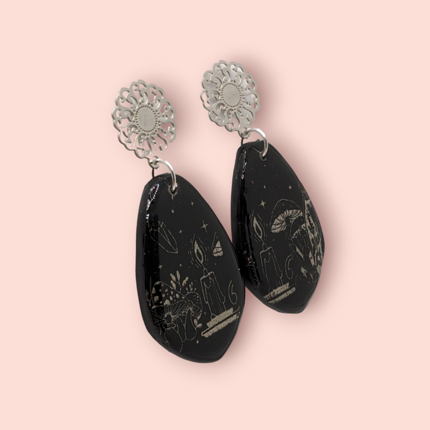 Gothic black flame candle, mushroom,crystal, spellbinding style earrings