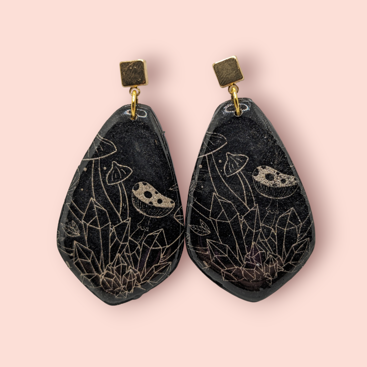 Gothic mushroom & crystal, spellbinding tarot style earrings