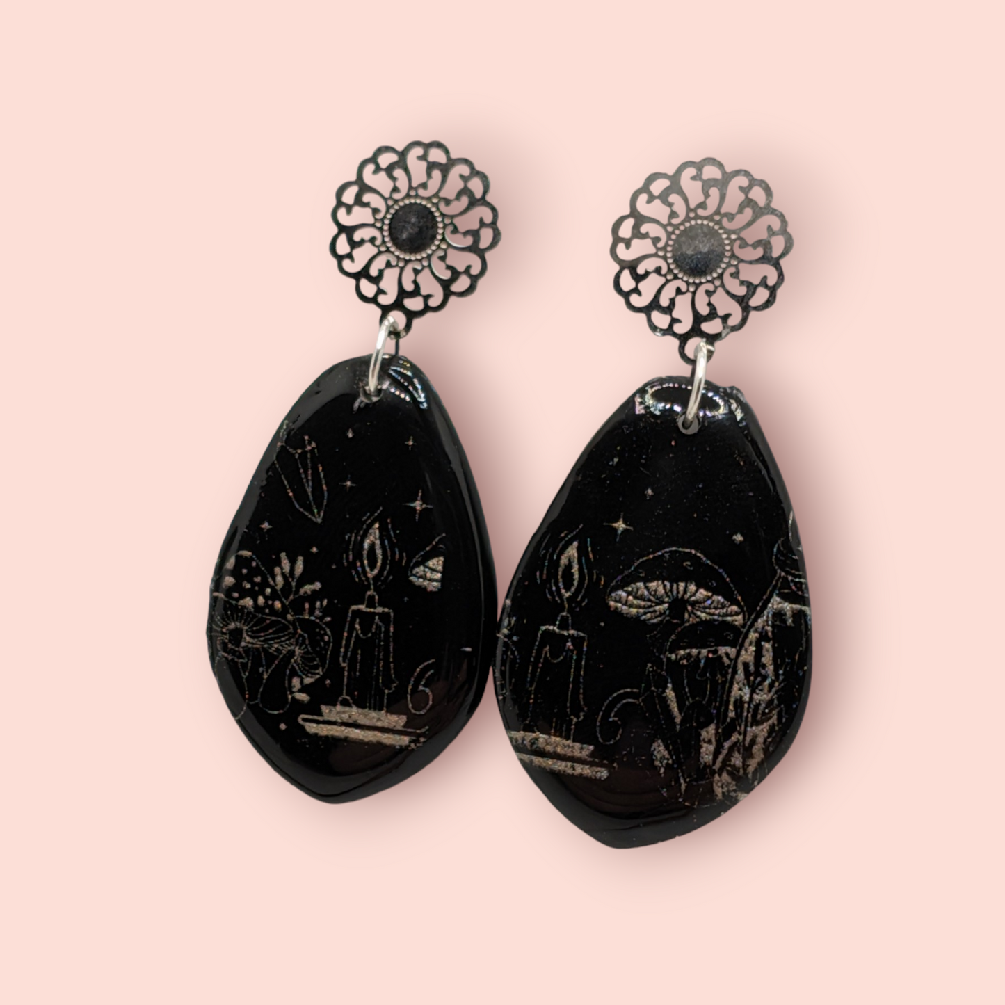 Gothic black flame candle, mushroom,crystal, spellbinding style earrings