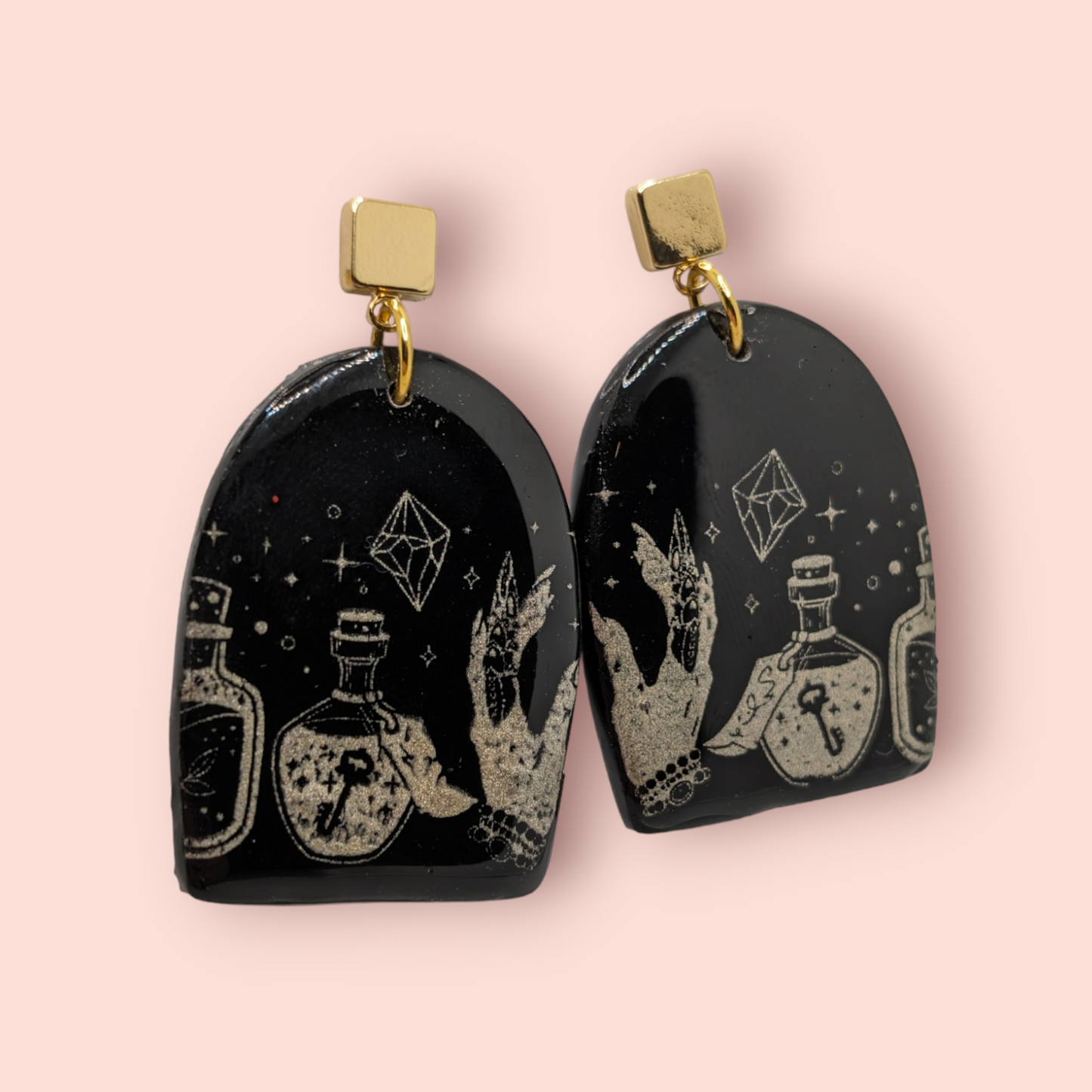 Gothic gold tarot hands crystal spellbinding style earrings