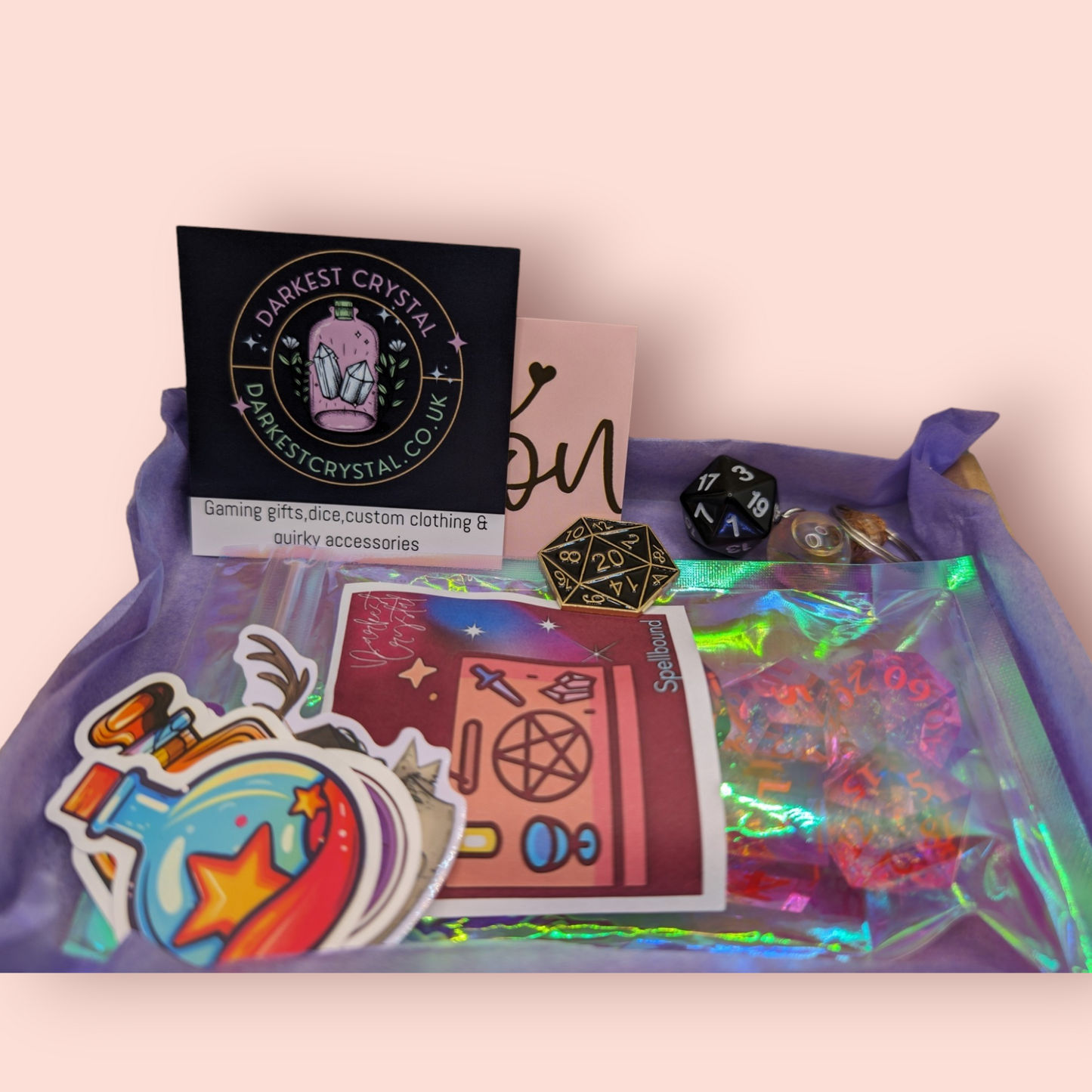 spellbound tabletop roleplay gaming polyhedral dice gift set, keyring, badge