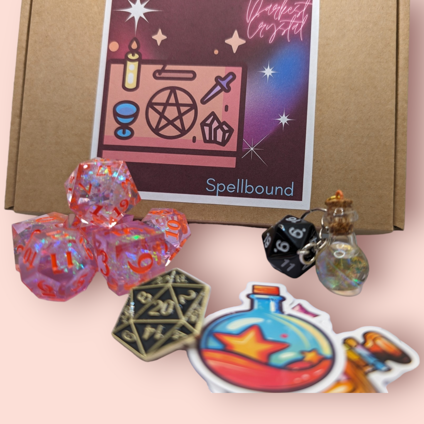 spellbound tabletop roleplay gaming polyhedral dice gift set, keyring, badge