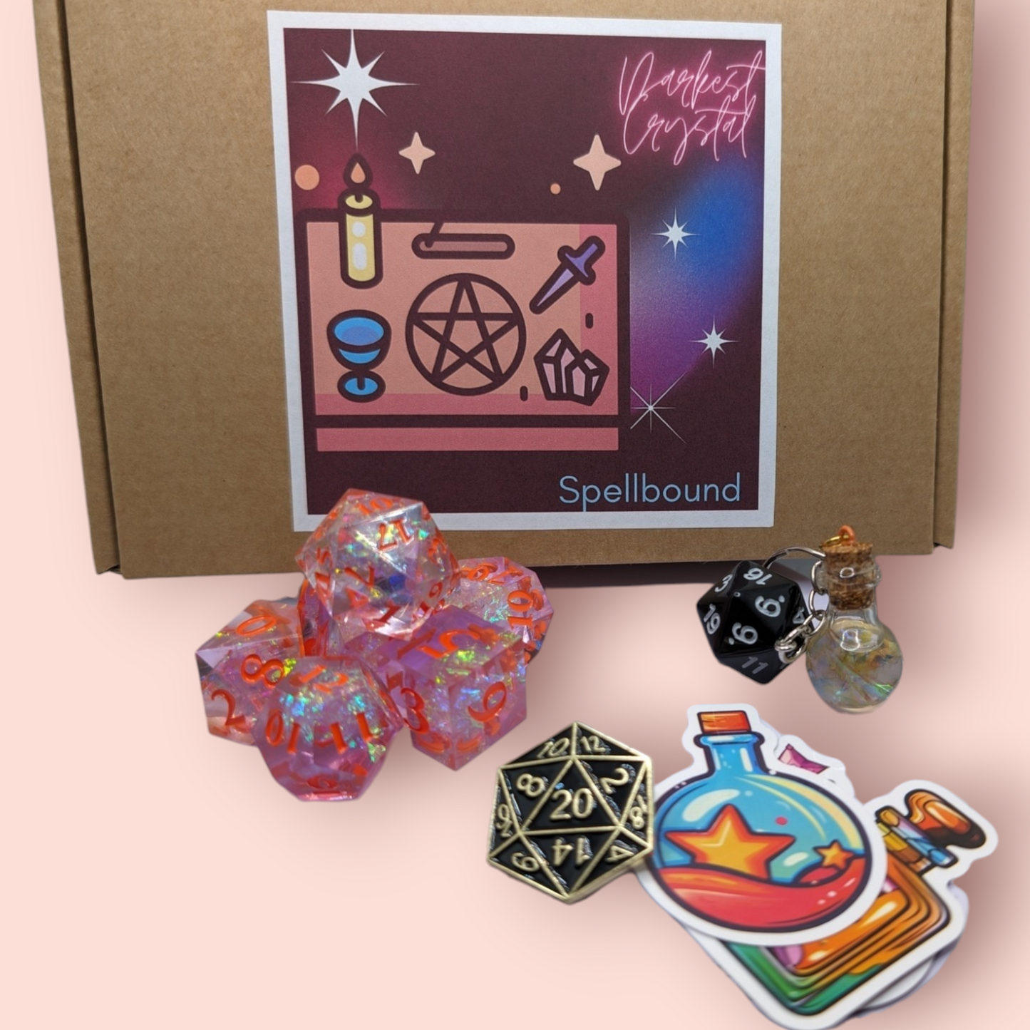 spellbound tabletop roleplay gaming polyhedral dice gift set, keyring, badge
