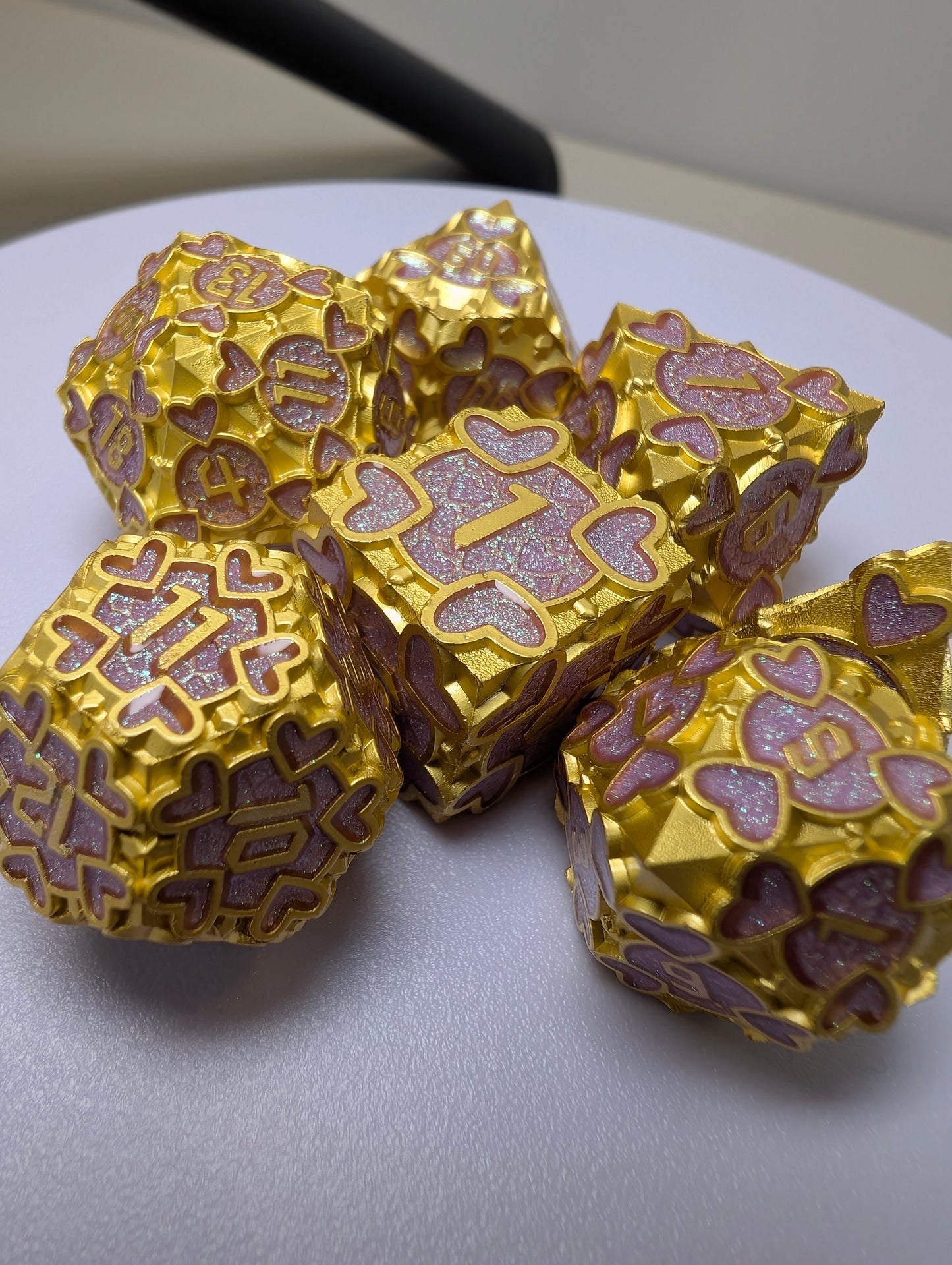 Enchanted Heart Metal Dice Set – pink and gold Heart Accents in Floating Display Case! (Copy)