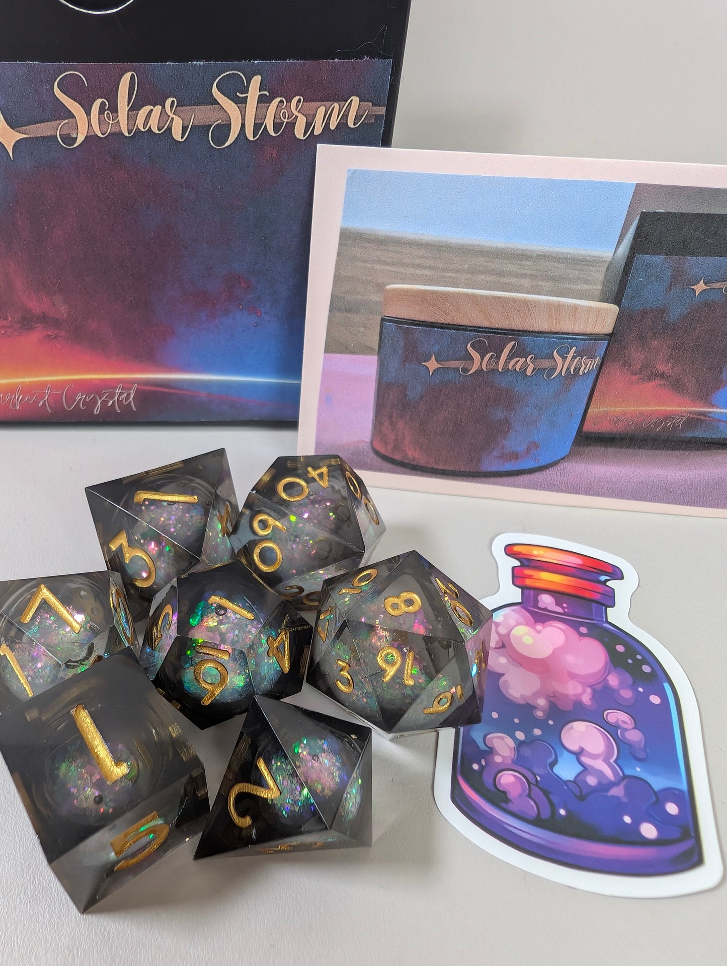 Solar storm ttrpg liquid core whimsical skies dice set in shaker tim