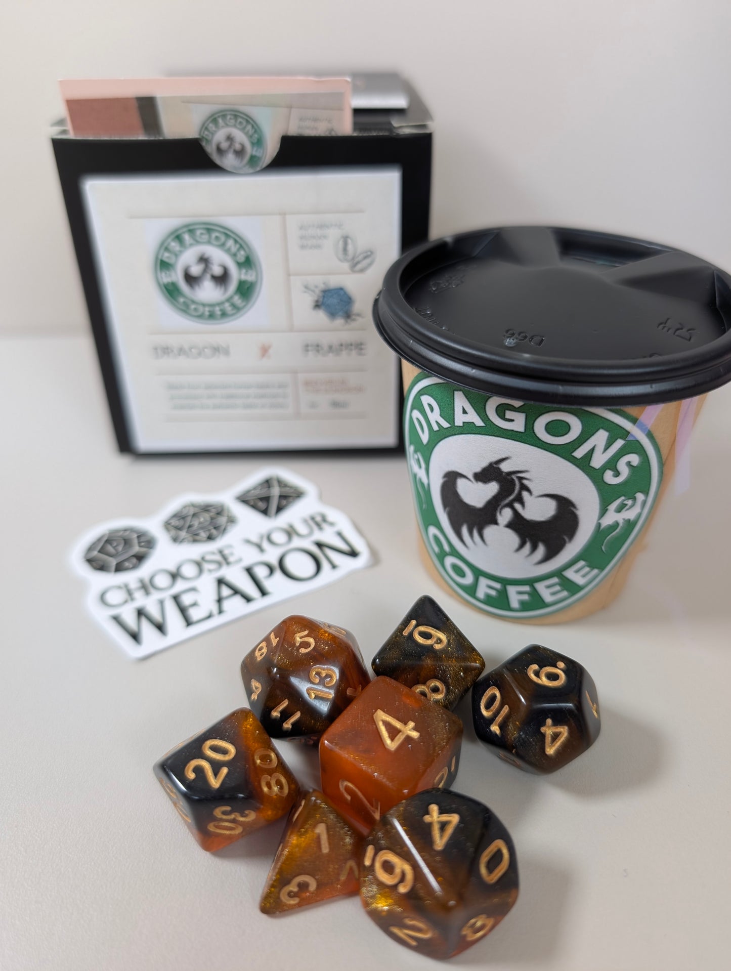 Dragons coffee - caramel frappe. Ttrpg dice set in mini coffee cups