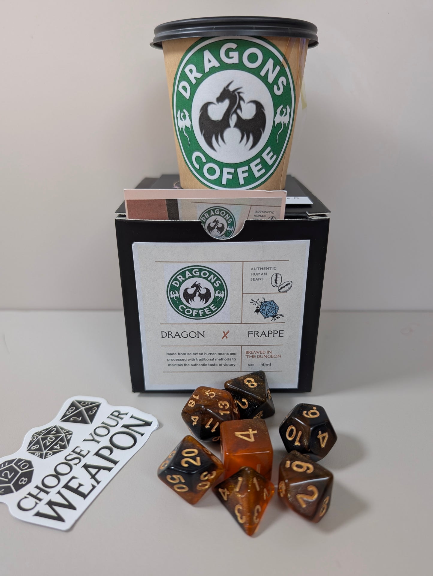 Dragons coffee - caramel frappe. Ttrpg dice set in mini coffee cups