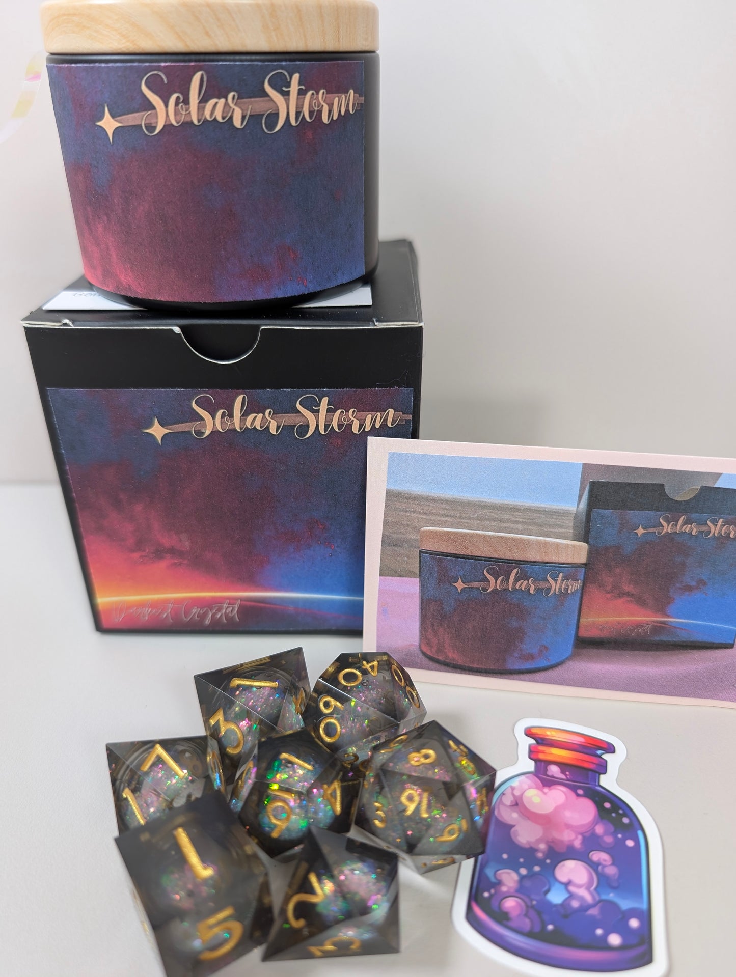 Solar storm ttrpg liquid core whimsical skies dice set in shaker tim