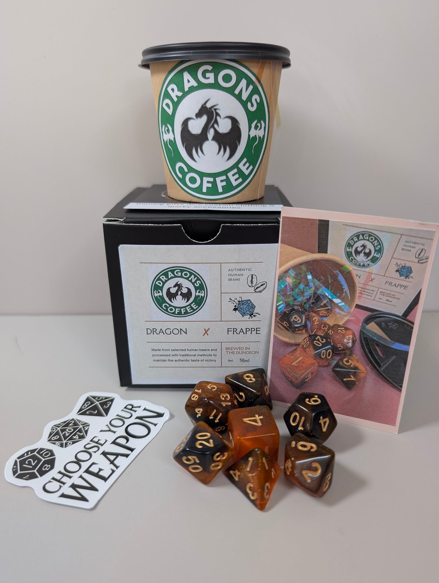 Dragons coffee - caramel frappe. Ttrpg dice set in mini coffee cups