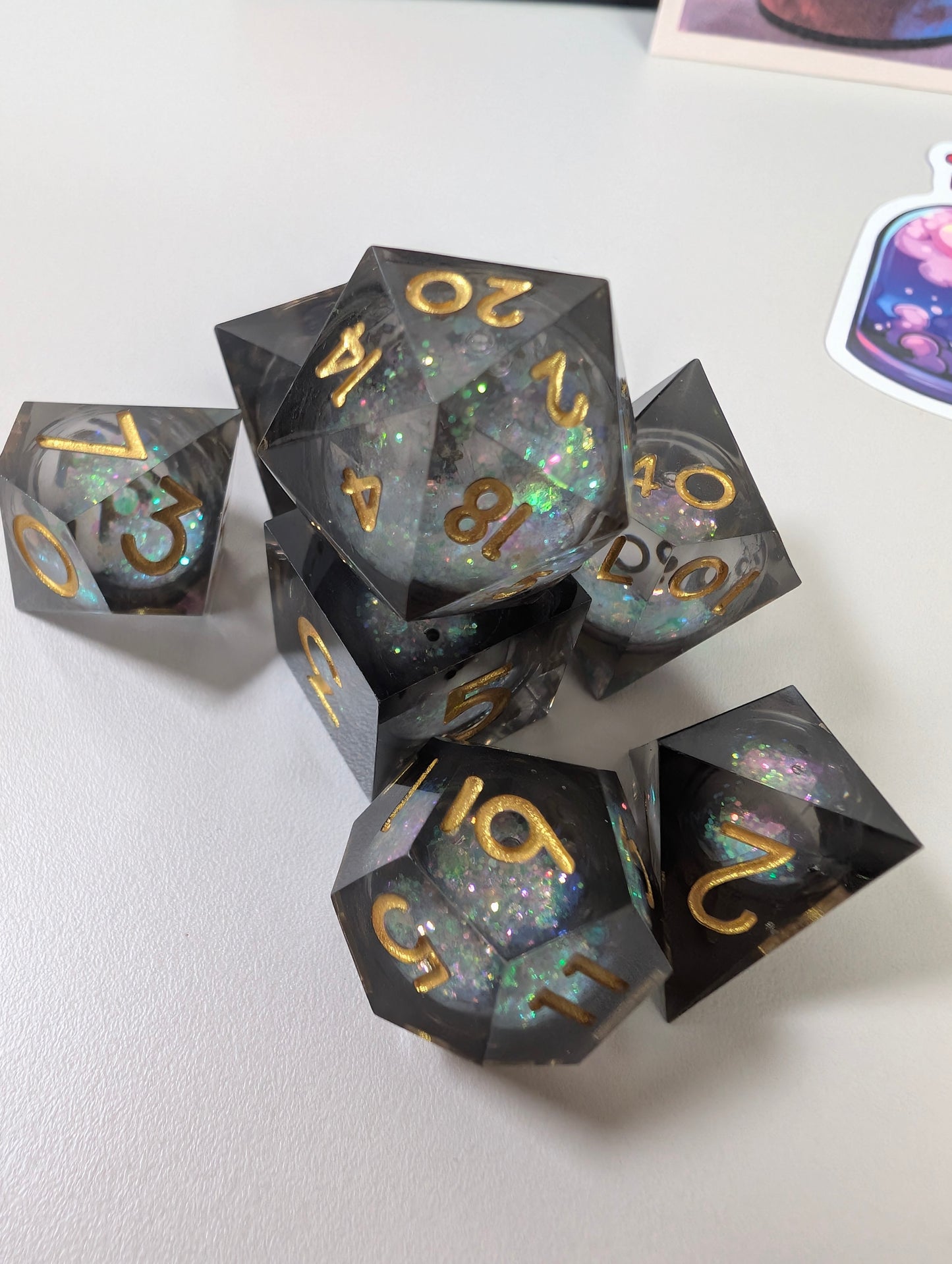 Solar storm ttrpg liquid core whimsical skies dice set in shaker tim