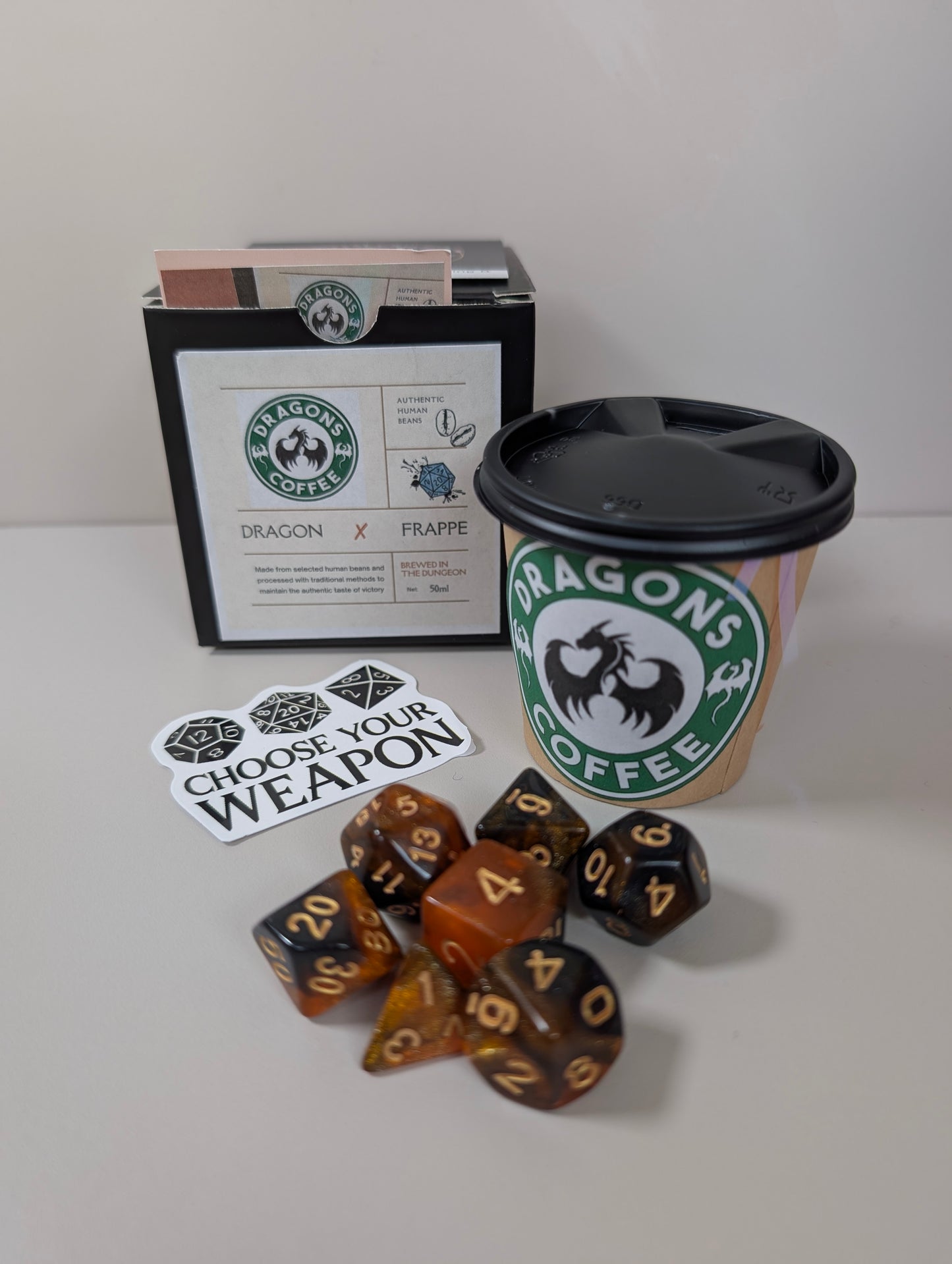 Dragons coffee - caramel frappe. Ttrpg dice set in mini coffee cups