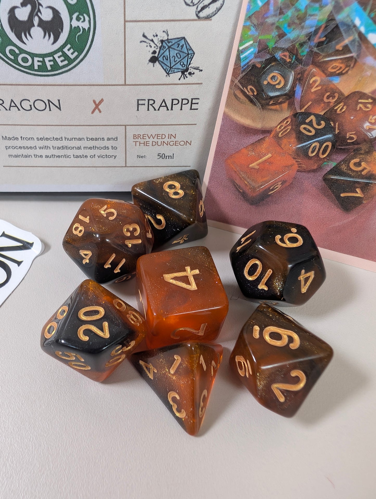 Dragons coffee - caramel frappe. Ttrpg dice set in mini coffee cups