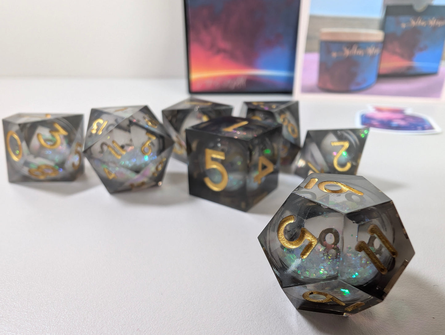 Solar storm ttrpg liquid core whimsical skies dice set in shaker tim