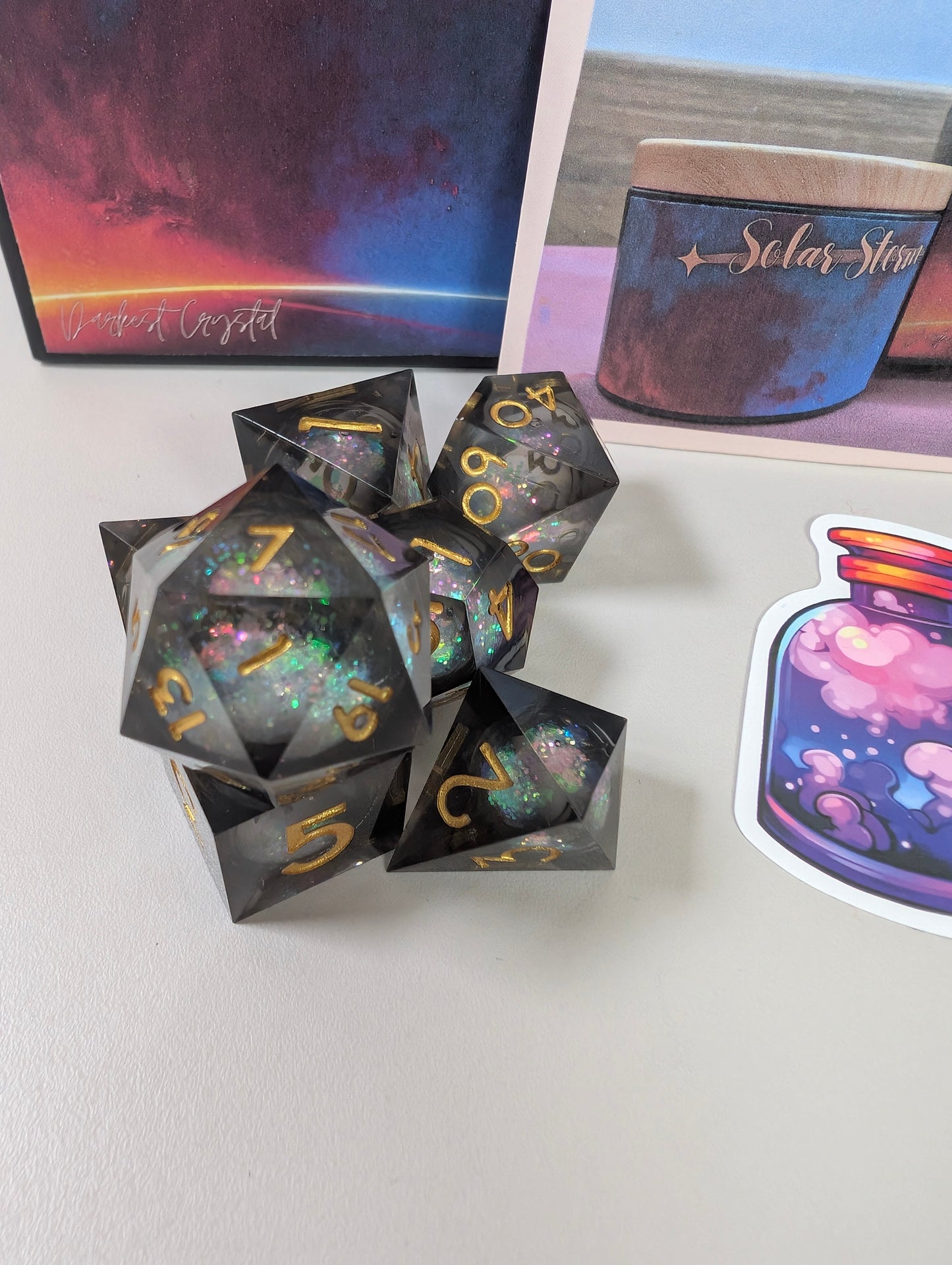 Solar storm ttrpg liquid core whimsical skies dice set in shaker tim