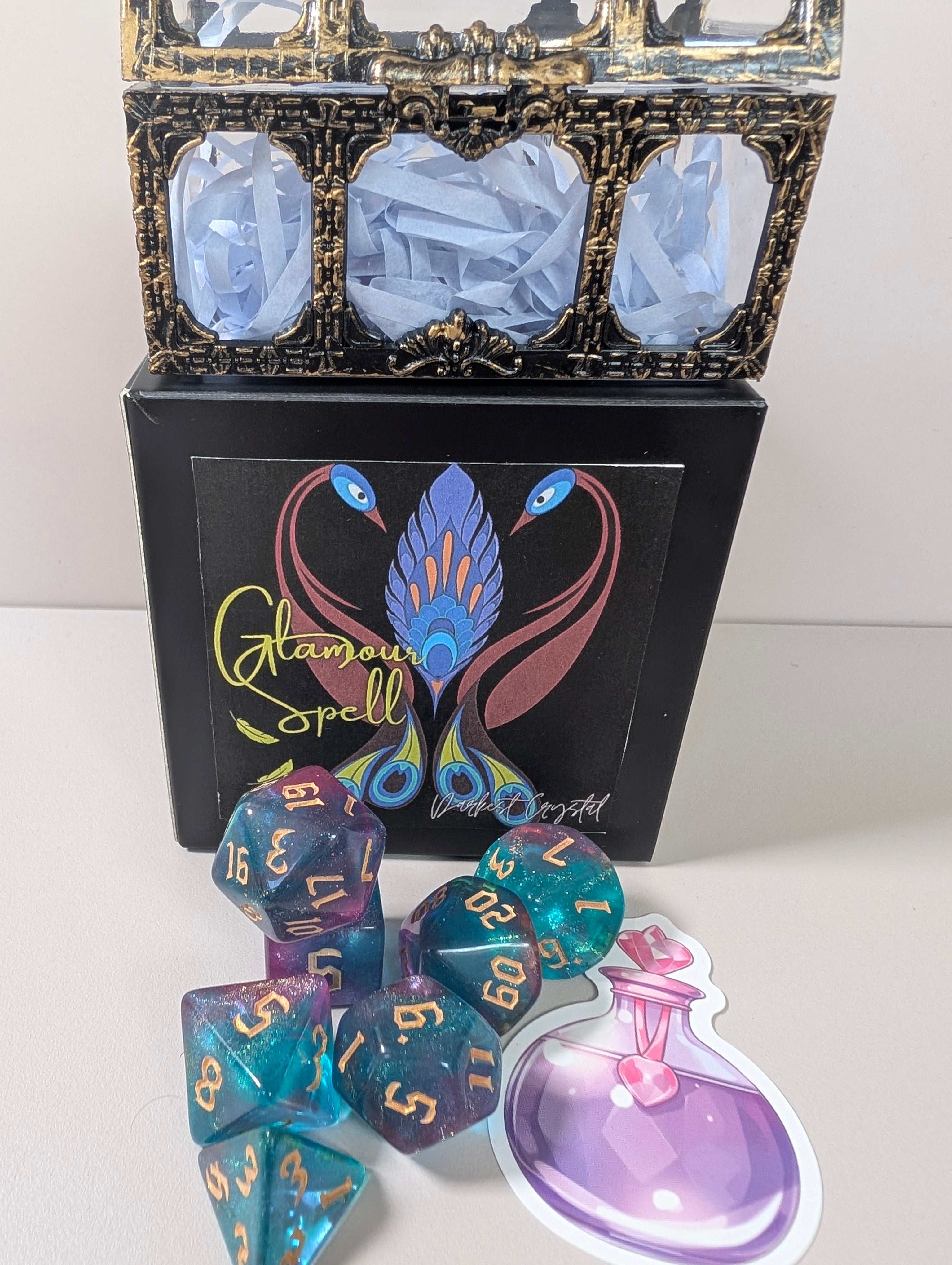 Glamour Spell Dice Gift Set – Iridescent Dice in Peacock design