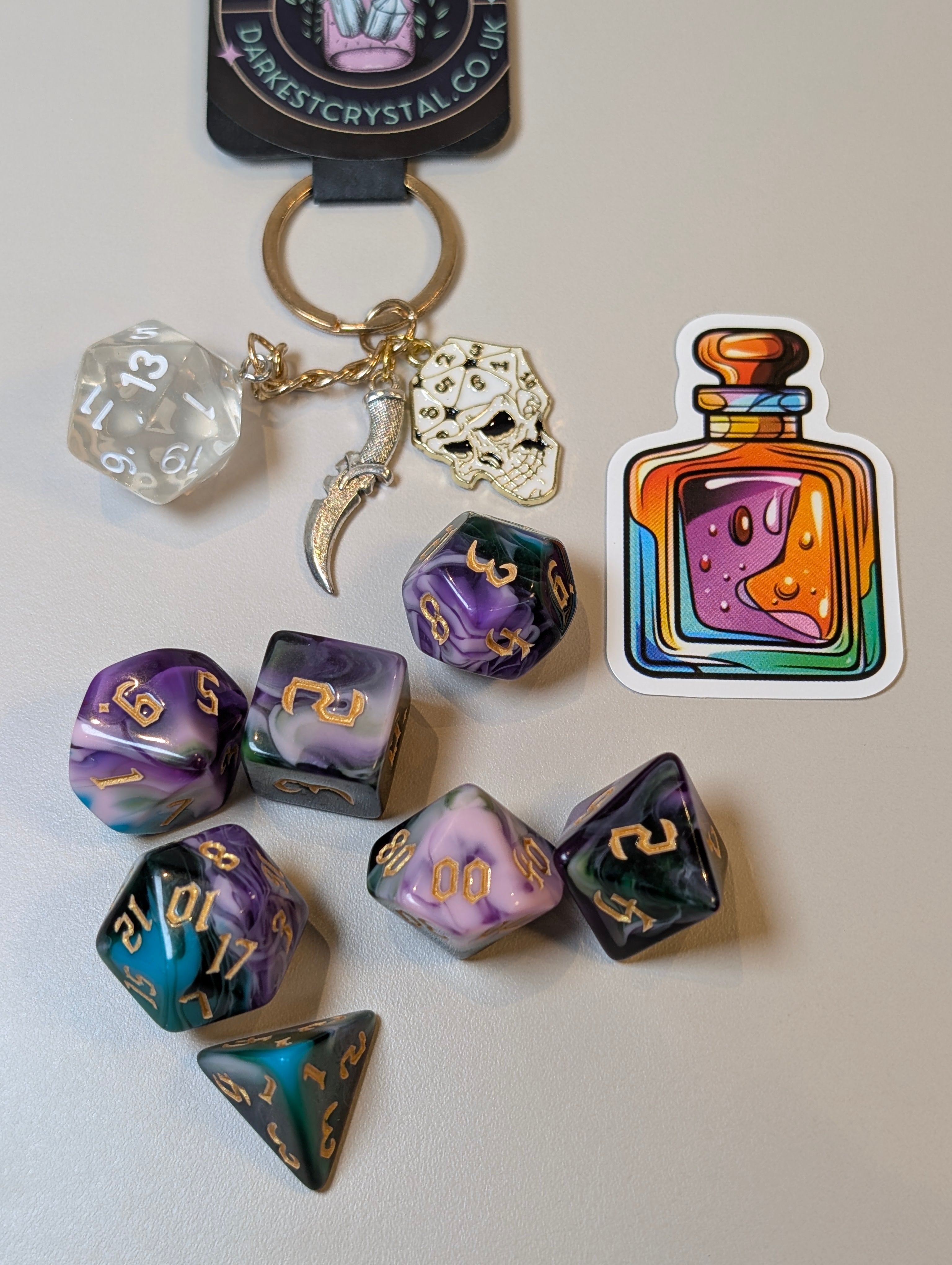 Jester's Trick Mr J Dice Set – Purple & Green Joker-Inspired RPG