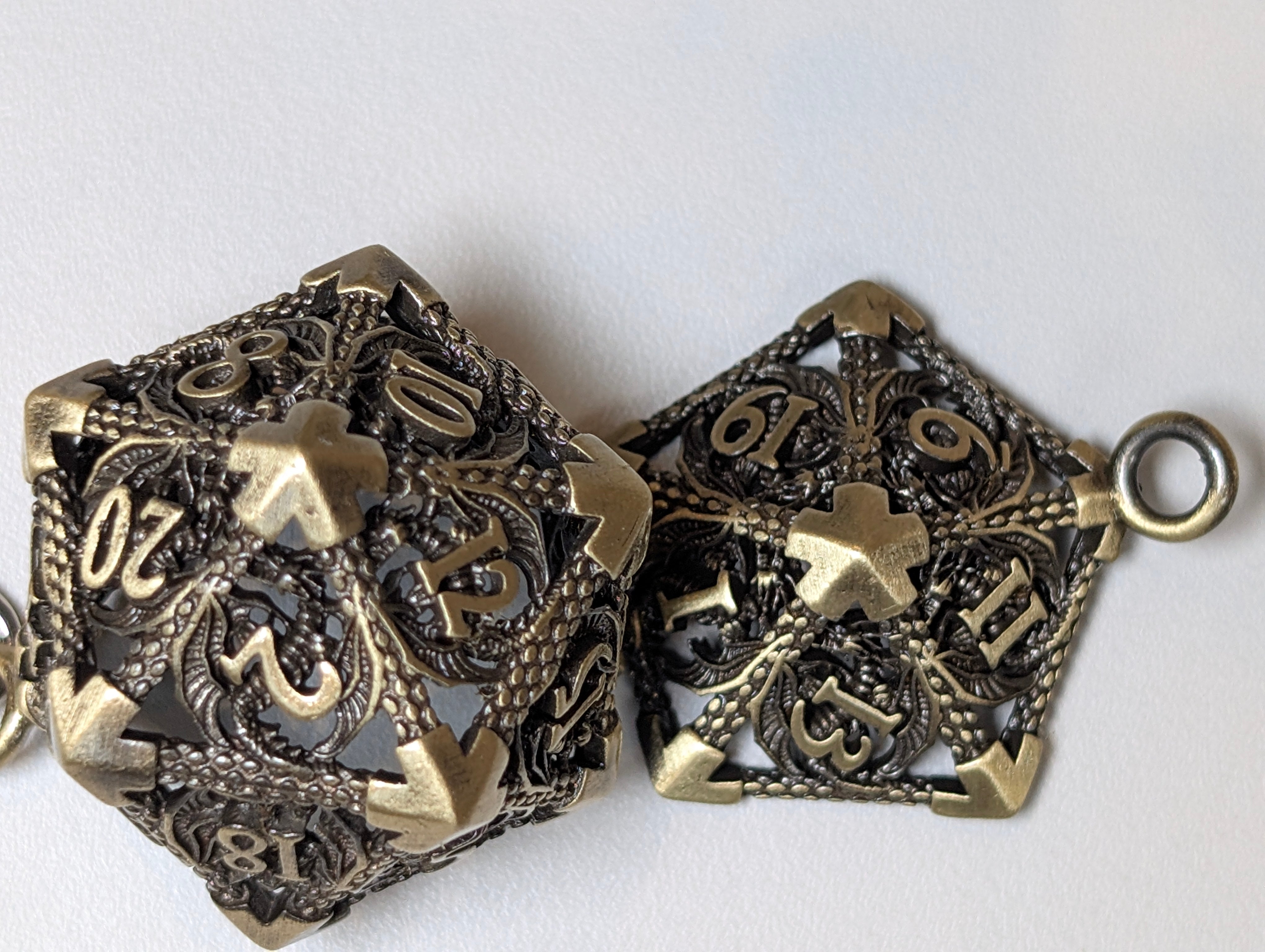 Gilded Void Hollow Metal Dice Set D20 Keychain –antique gold metal