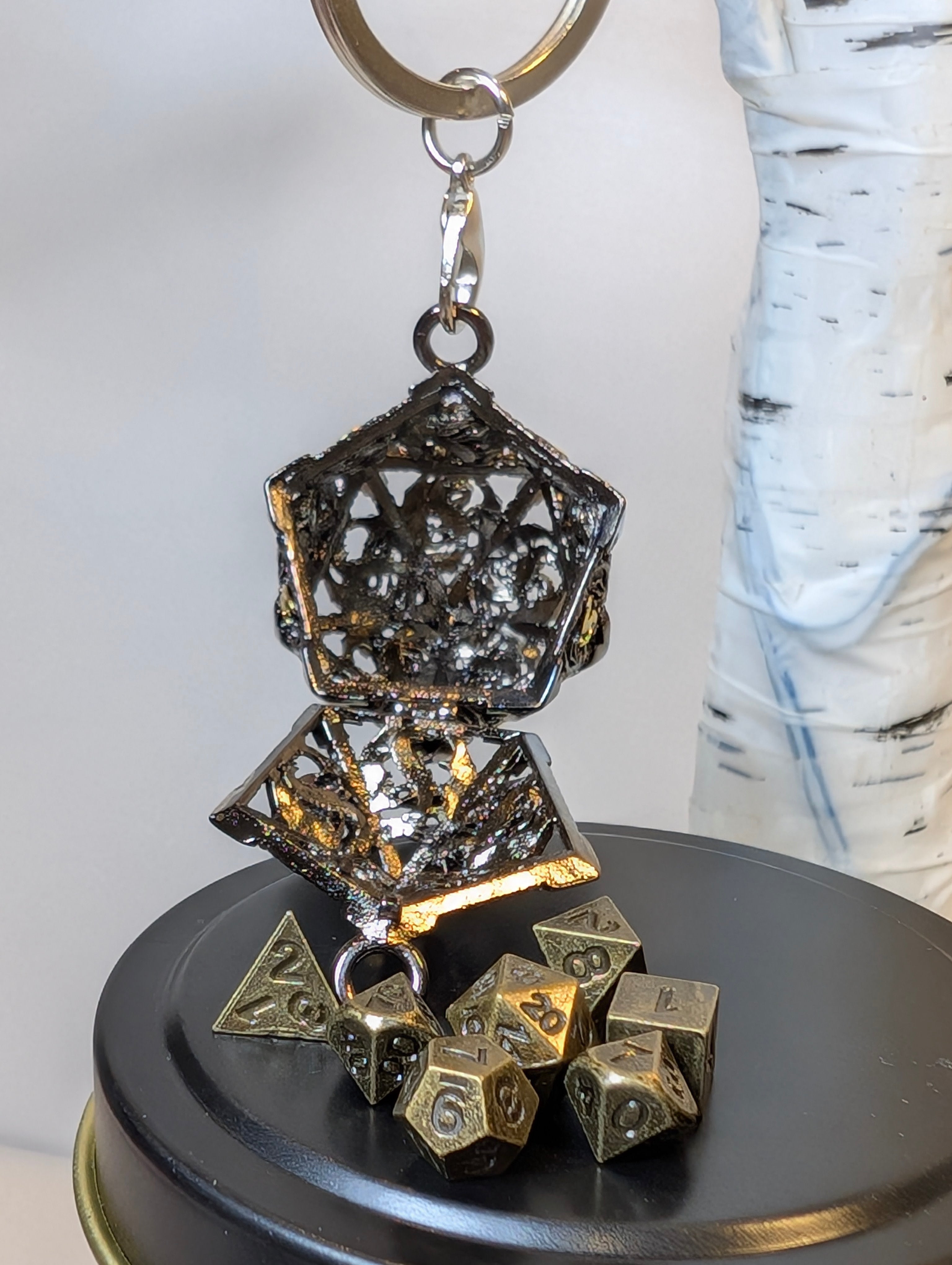 Gilded Void Hollow Metal Dice Set D20 Keychain –antique gold metal