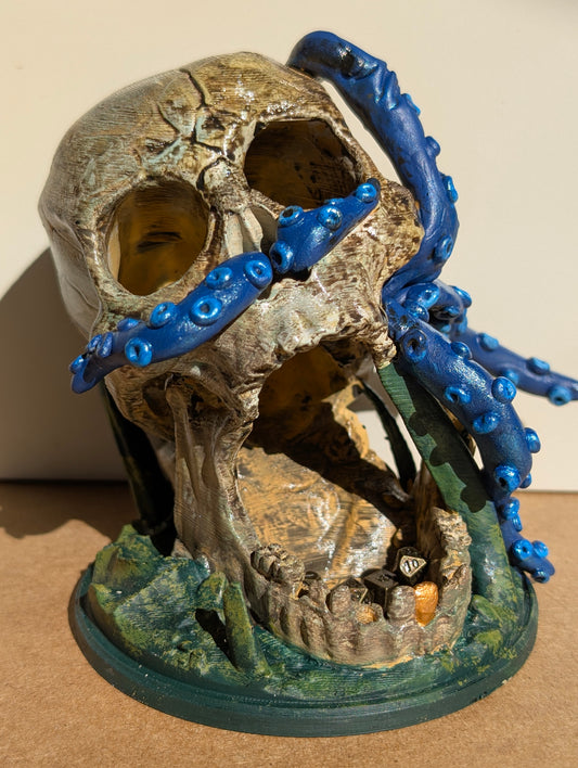 TTRPG accessories, miniature dice tower, skull with tentacles. gift ideas for geeks & gamers