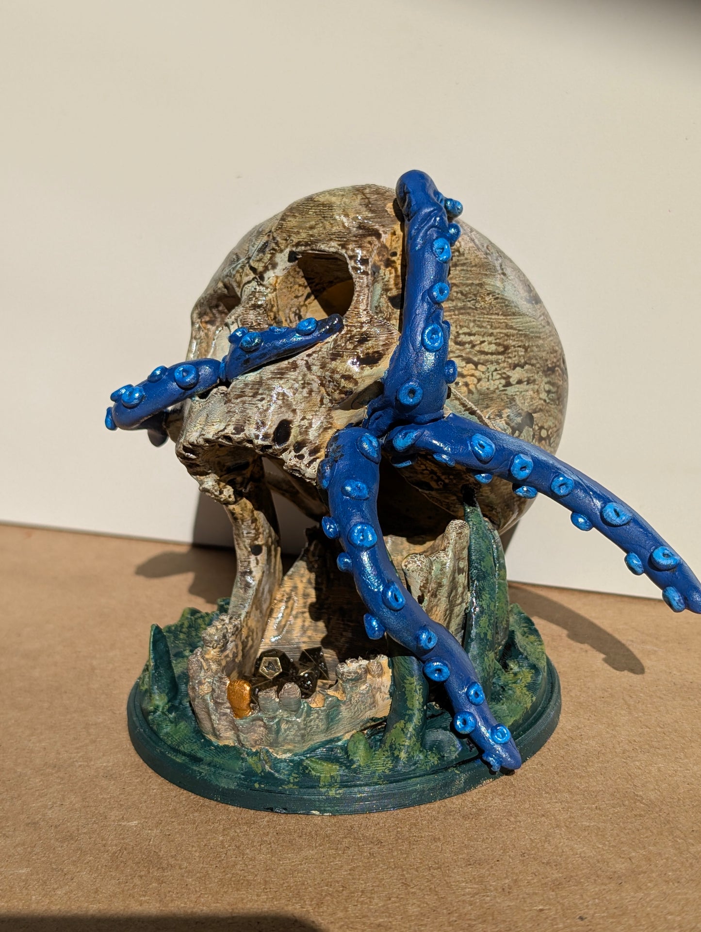 TTRPG accessories, miniature dice tower, skull with tentacles. gift ideas for geeks & gamers
