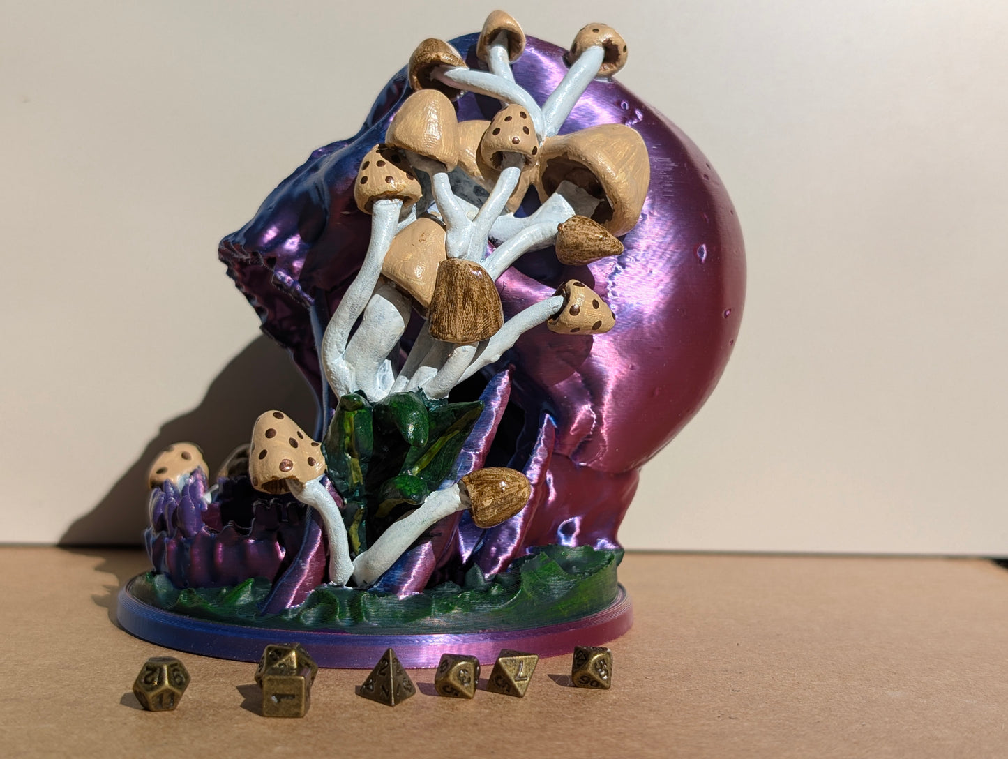 TTRPG accessories, miniature dice tower, skull in nature with shrooms. gift ideas for geeks & gamers
