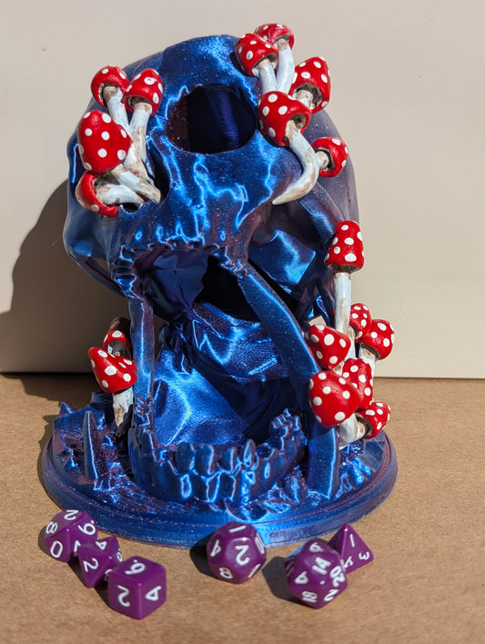 TTRPG accessories, miniature dice tower, skull in nature with shrooms. gift ideas for geeks & gamers
