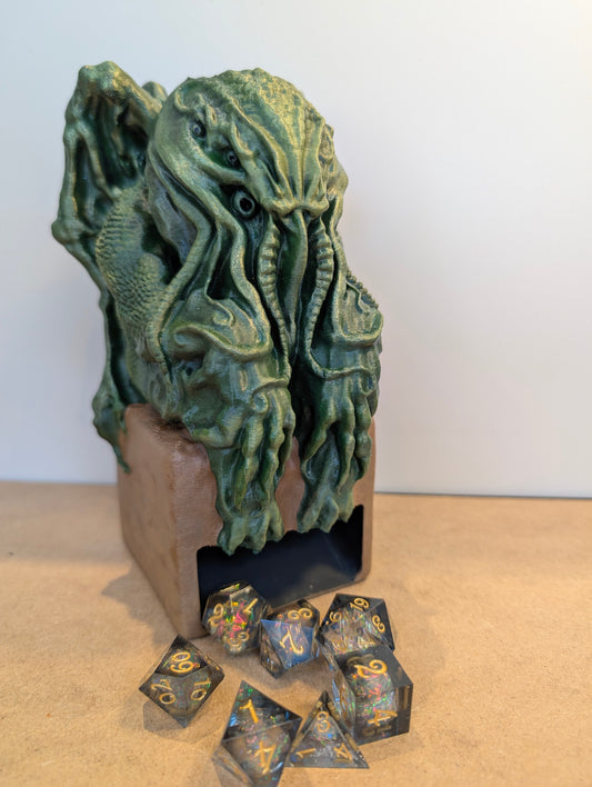 TTRPG accessories, Cthulhu dice tower with deep sea shimmer dice  gift ideas for geeks & gamers