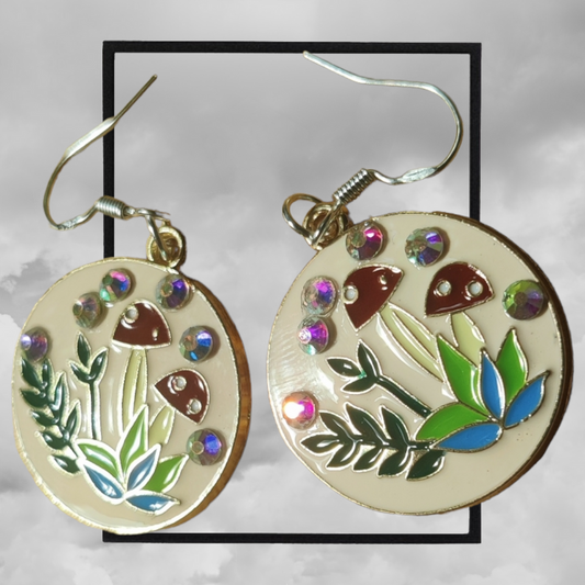 Handmade enameled sparkly mushroom earrings